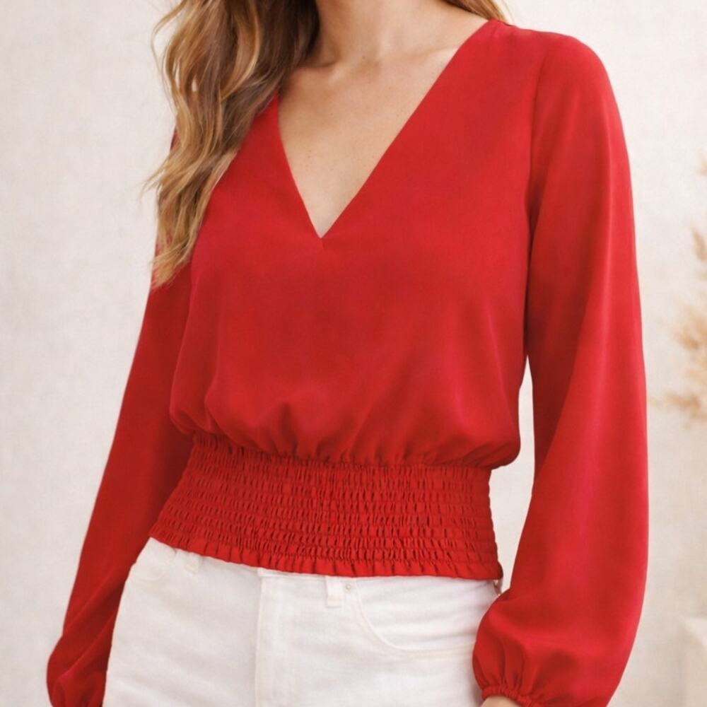NEW Sail to Sable STS Tuckernuck Red‎ Smocked Blouse XS Long Sleeve NWOT